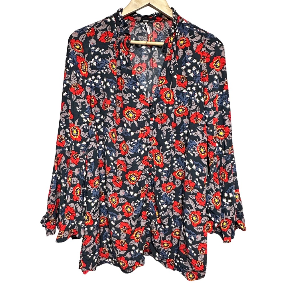 Free People Poppy Print Bell Sleeve Blouse Women S‎ Boho Tunic Peasant Relaxed